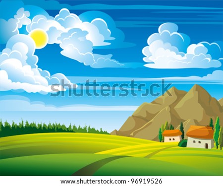 Summer green landscape with trees and houses on a blue cloudy sky background