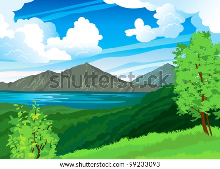 Summer landscape with volcano Batur, green forest and blue lake on a cloudy sky. Indonesia, Bali.