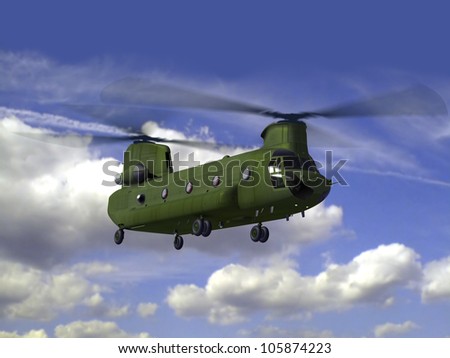 Render of helicopter Chinook CH-47 flying in sky