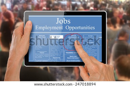 Online job hunting Hands with computer tablet reading employment ads in front of crowd of people