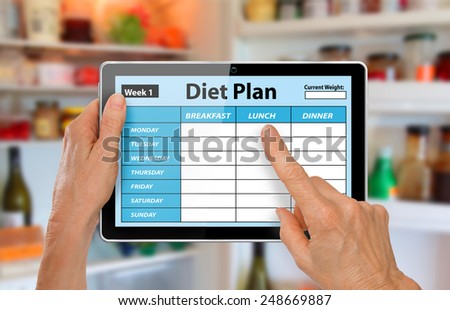 Hands with Tablet Using Diet Plan App in front of open fridge or refrigerator