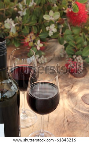 Bottle & Glasses of Red Wine on Outdoor Table with Pohutukawa 6