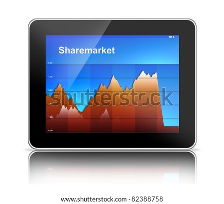 Tablet PC computer with red sharemarket falling graph (generic tablet pc and graph hand drawn by photographer)