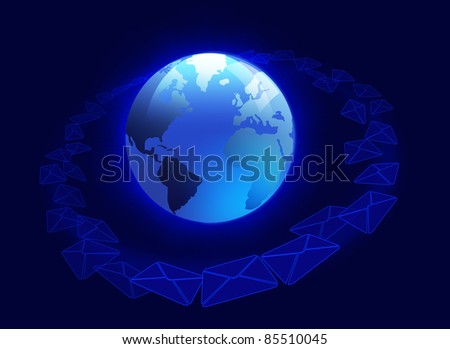 Blue Planet Earth Globe with Email Letters on Solid Background
