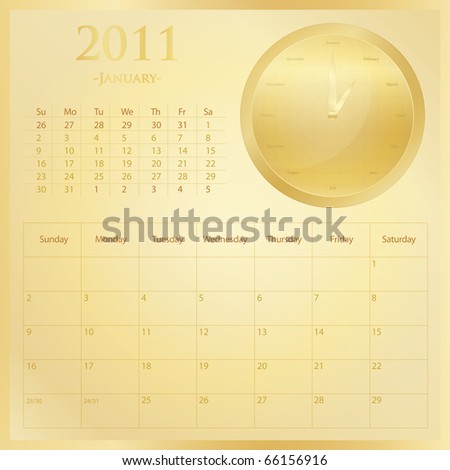 2011 calendar month of january. stock vector : Golden 2011 calendar set - Month of January.