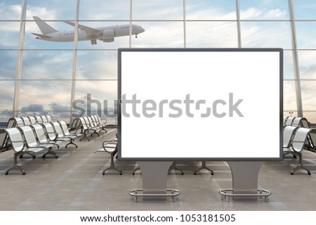 Airport departure lounge. Blank horizontal billboard stand and airplane on background. Include clipping path around advertising poster. 3d illustration