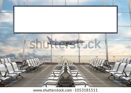 Airport departure lounge. Blank horizontal hanging billboard and airplane on background. Include clipping path around advertising poster. 3d illustration
