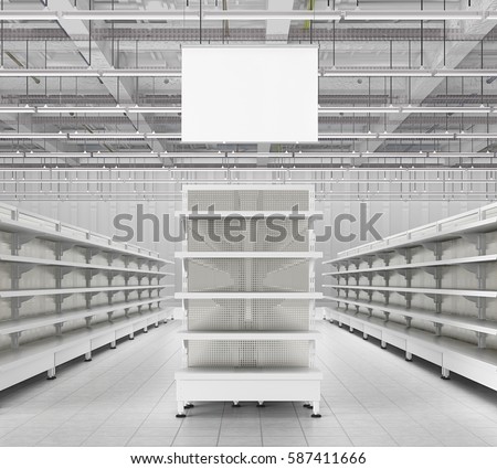 Store interior with empty supermarket shelves and blank advertising hanger banners. 3d render