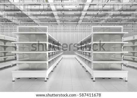 Store interior with empty supermarket shelves. 3d render