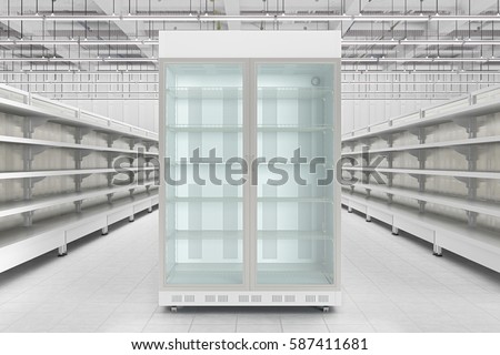 Store interior with empty refrigerator display. 3d render