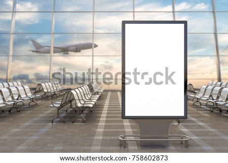 Airport departure lounge. Blank billboard stand and airplane on background. 3d illustration