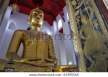 Big statue image of buddha meditation. Thai traditional painting.
