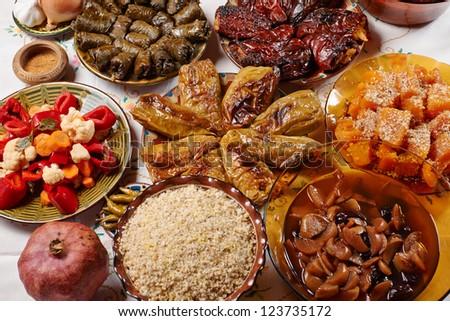 Traditionasl Bulgarian Christmas vegetarian food on holiday table