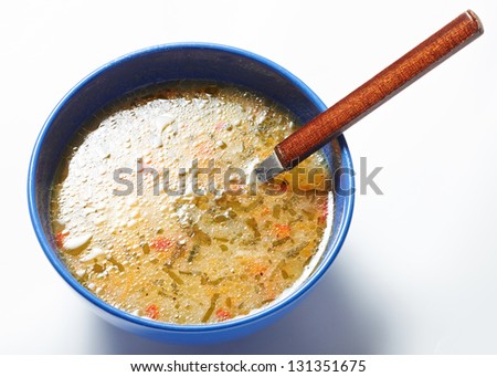 Potato soup in blue cup, delicious vegetarian food from Eastern Europe