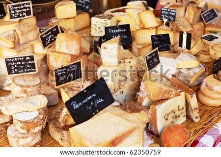 Random French cheese on a market in Provence