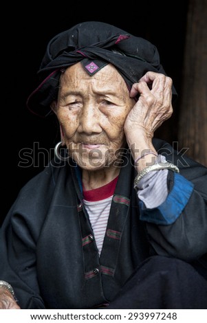 A beautiful 96 year old woman from the Hong Yao ethnic group living in the village of Dazhai, part of the Dragon\'s Backbone Rice Terraces, Longji. Guangxi Zhuang Autonomous Region. Guilin, China