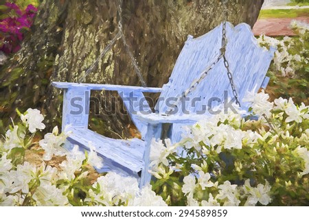Impressionist art of a relaxing wooden blue swing with azaleas in the Southern USA