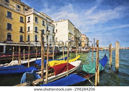 Impressionist art of Gondolas along the Grand Canal with typical Venusian architecture in Venice Italy