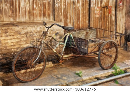 Fine art print of an antique bicyle in the old town of Daxu China.  Daxu Ancient Town was built at the beginning of the Song dynasty.