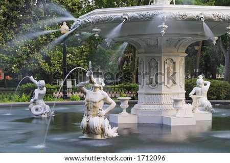 Forsyth Park Fountain in Savannah Georgia.  Showing the mermen.
