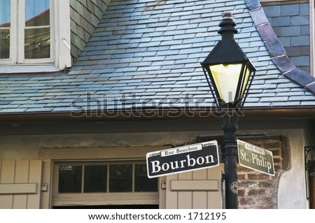 stock photo : Bourbon Street sign with the haunted Lafitte's Blacksmith Shop 