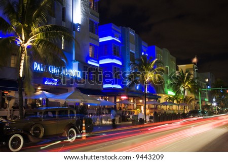 Nighttime in the famous art deco district of Ocean Drive in South Beach Miami Florida United States