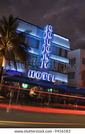 Nighttime in the famous art deco district of Ocean Drive in South Beach Miami Florida United States