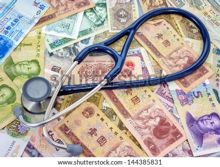 Money bills from china and Stethoscopes