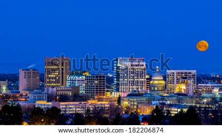 Boise Idaho skyline at night with moon