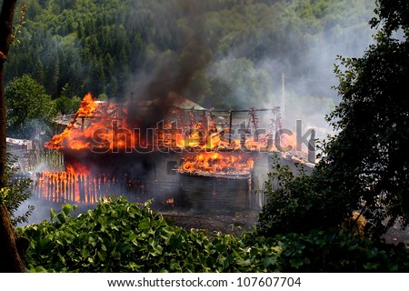house on fires with flames around the forest