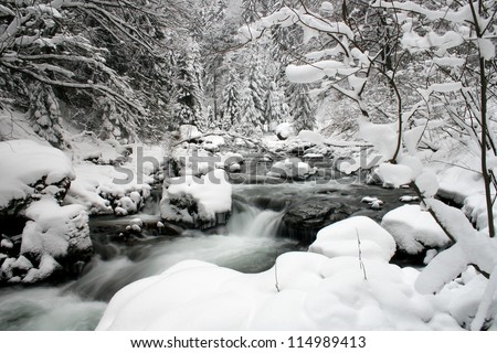 winter landscape, river on the forest