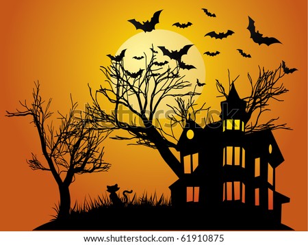 stock vector Halloween background with haunted house bats and pumpkin
