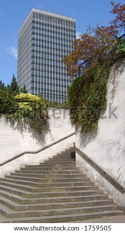 Garden stairway, leading to inner city london office block, marble arch, london