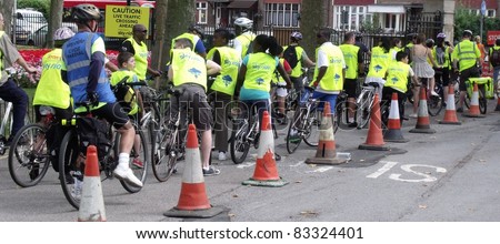 LONDON - AUG 21: Mayor of London, Boris Johnson\'s cycle event, SKYRIDE, visits Barking for the first time. The family event gives cyclists a traffic free route on the roads of London, Aug 21, 2011. Unidentified participants