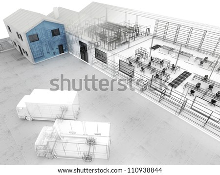 Architectural design of factory with offices, warehouse and shipping service.