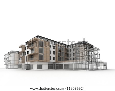 apartment building design progress, architecture visualization in mixed drawing and photo realistic style