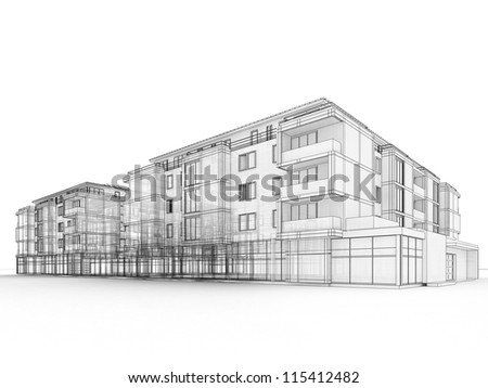 apartment building design concept, architects computer generated visualization in drawing style