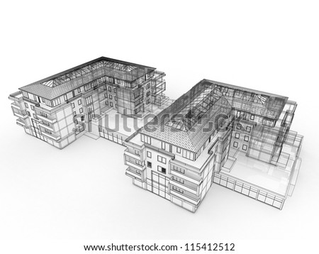 apartment building design concept, architects computer generated visualization in drawing style