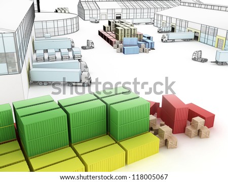 Colorful drawing of small plant with warehouse and loading docks - manufacturing and cargo industry