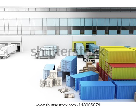 Colorful drawing of small plant with warehouse and loading docks - manufacturing and cargo industry
