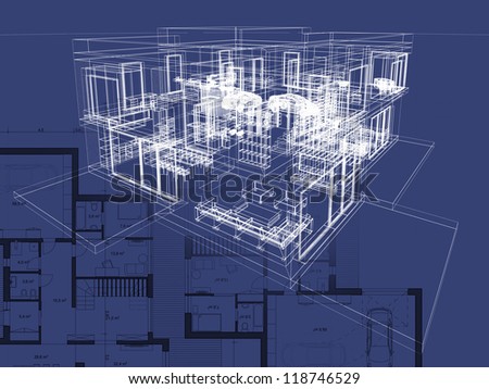 Blueprint, architecture plan and perspective drawing of contemporary house