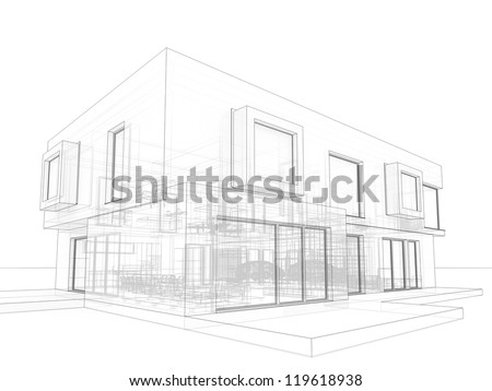 computer generated visualization in drawing style of contemporary box house  - architects and designers project work