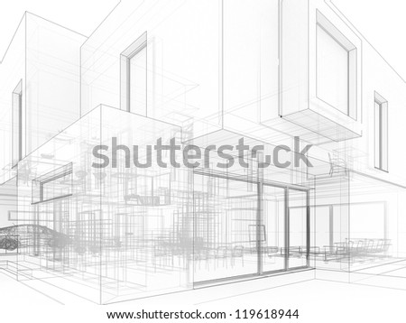 Computer Generated Visualization In Drawing Style Of Contemporary Box House - Architects And Designers Project Work