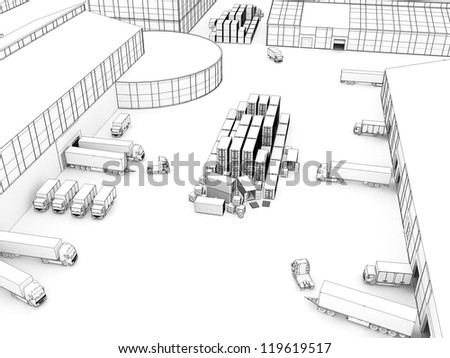 Drawing of small plant with warehouse and loading docks - manufacturing and cargo industry