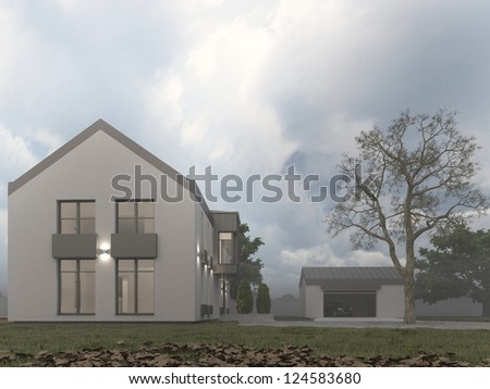 Visualizations of modern house. Foggy autumn weather, contemporary european architecture.