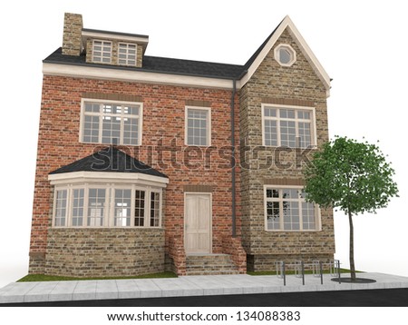 computer generated visualization of victorian terraced house, common architecture for United Kingdom.