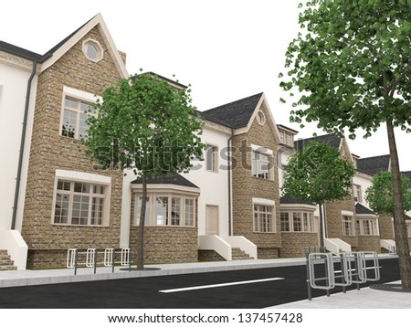 computer generated visualization of terraced housing project. classic victorian style of architecture.