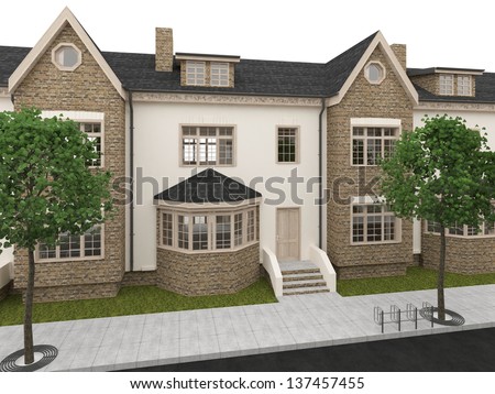 computer generated visualization of terraced housing project. classic victorian style of architecture.