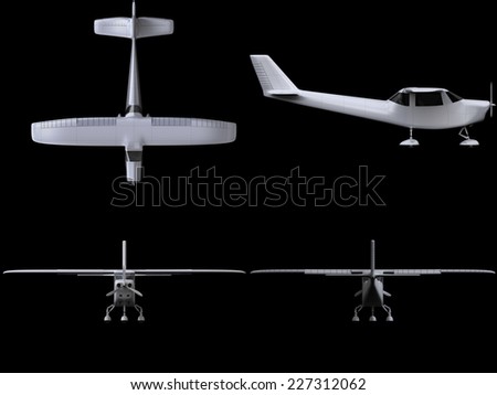 Computer generated visualization of private light aircraft. Modern airplane design in low key lighting and black background.