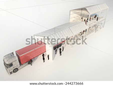 Graphic illustration of design, production and shipping process inside the building